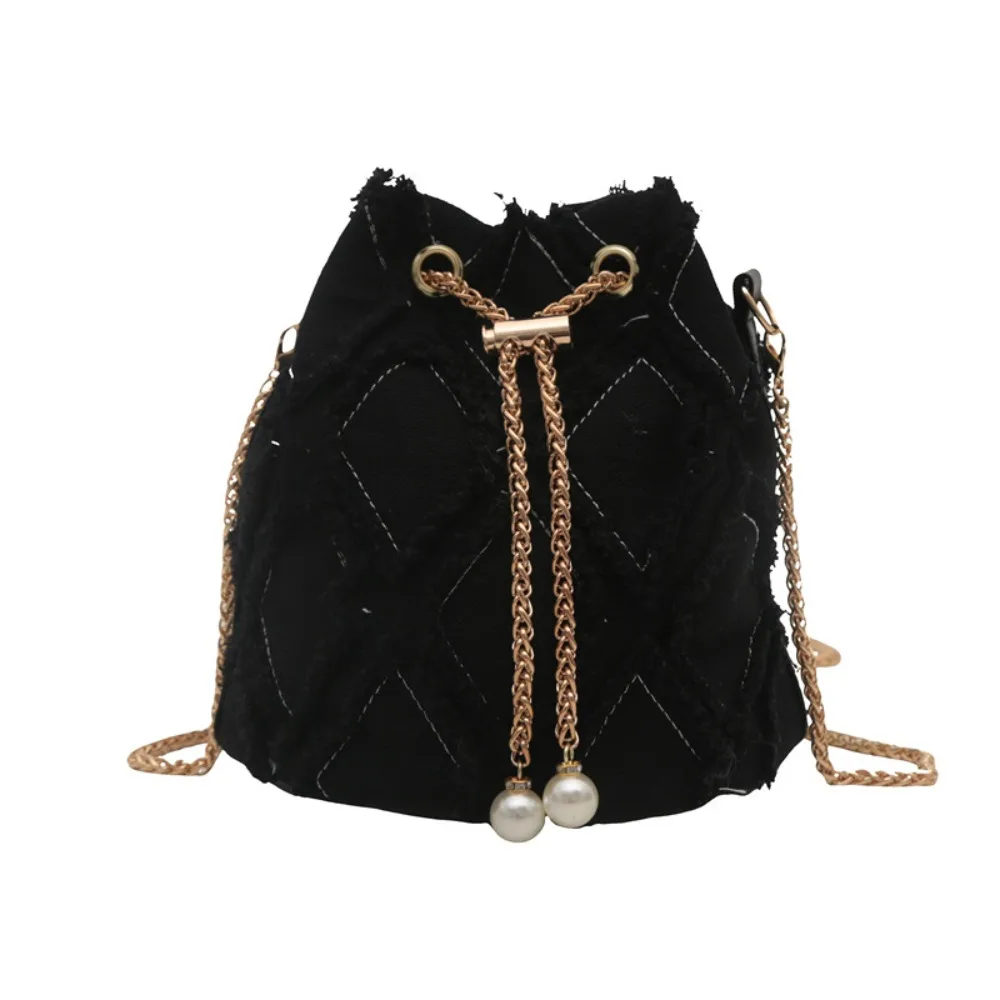 

Casual Pearl Denim Bucket Bag Chain Handbag Tassel Denim Crossbody Bag Korean Style Small Purse Cloth Shoulder Bag Wedding