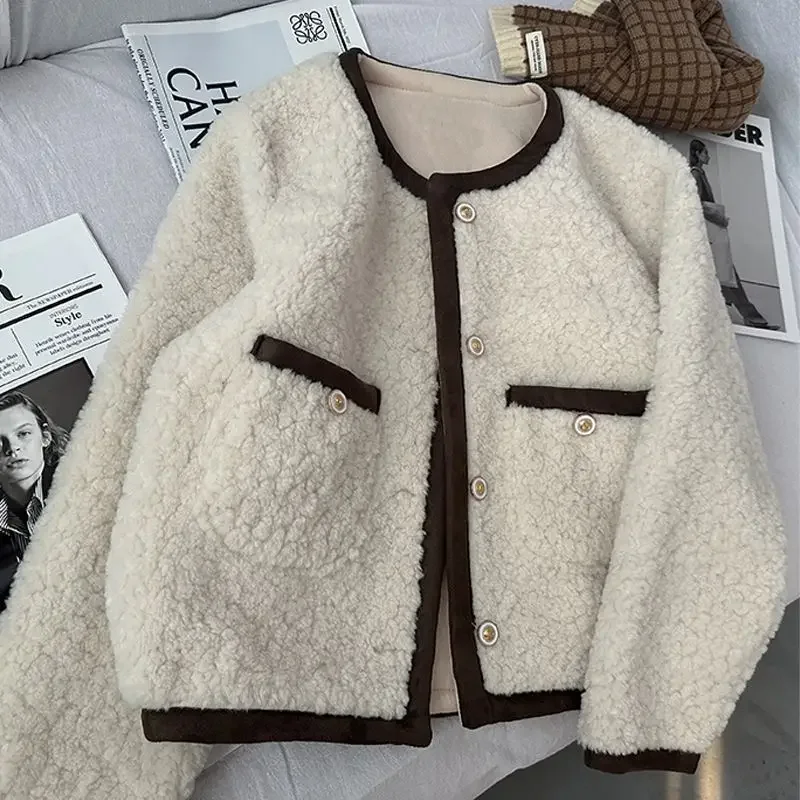 Giacca in lana di agnello Donna Autunno Inverno Giacca corta Cappotto in pelliccia sintetica Tendenza Top corto Disegni monopetto Capispalla antivento