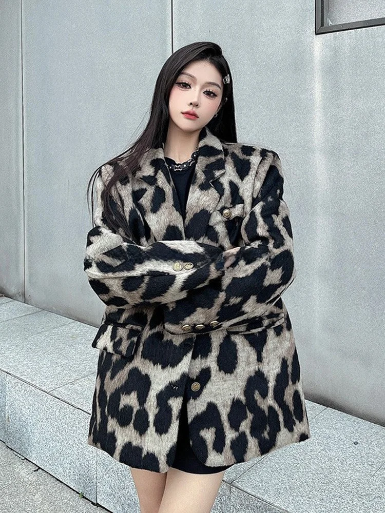 American Leopard Print Thiened Woolen Suit Jaet Women's Winter Loose Casual High-End Feeling Woolen  Top