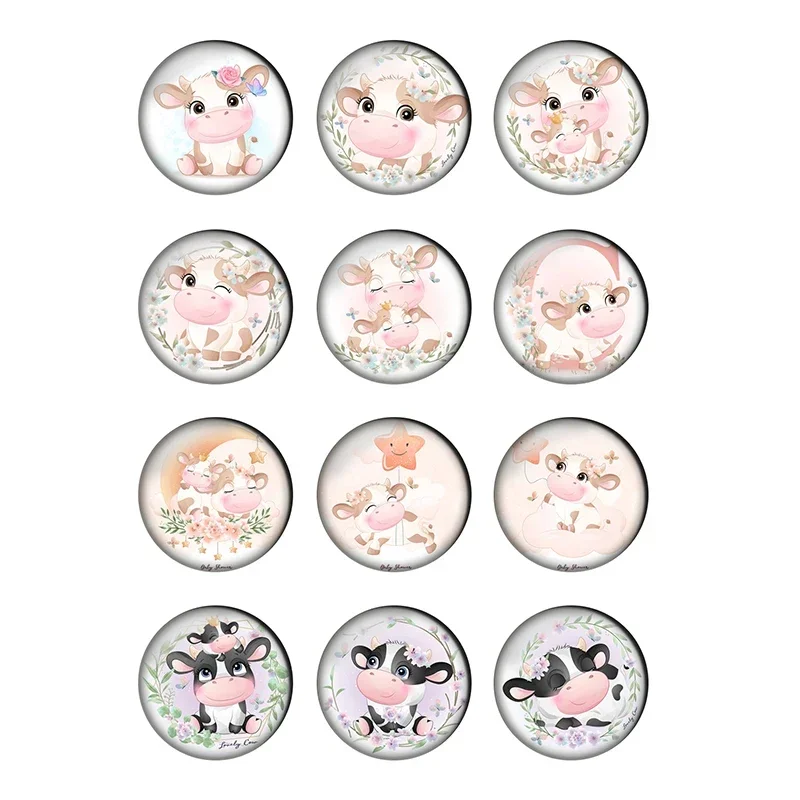 

12pcs Lovely Baby Cow Round Photo Glass Cabochon 8 10 12 18 20 25mm Demo Flat Back DIY Children's Day Jewelry Gift Making T077