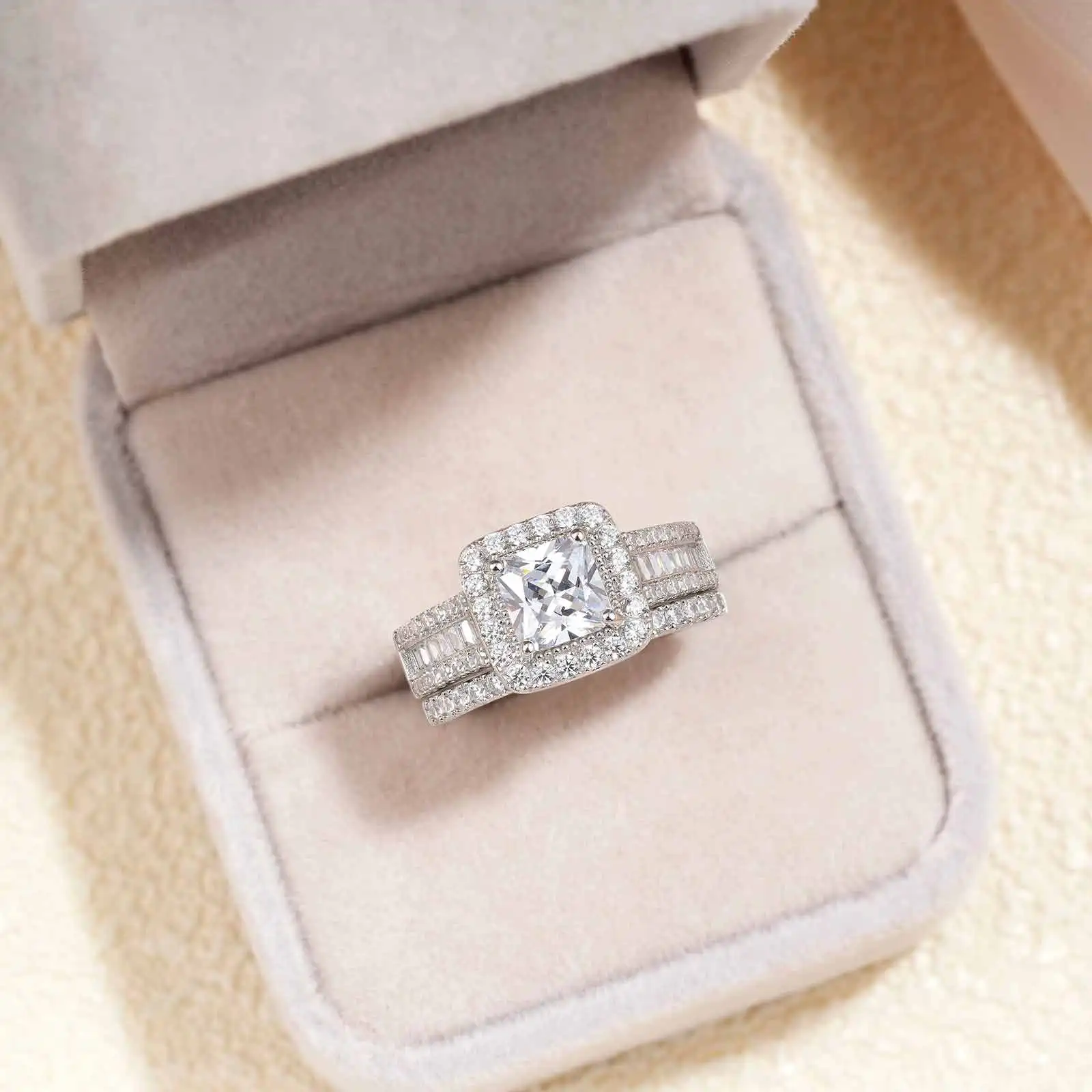 Newshe 925 فضة مجوهرات الزفاف مجموعات خاتم الزفاف للنساء 3.5 CT تقليد الماس الأميرة قص AAAAA مكعب الزركون