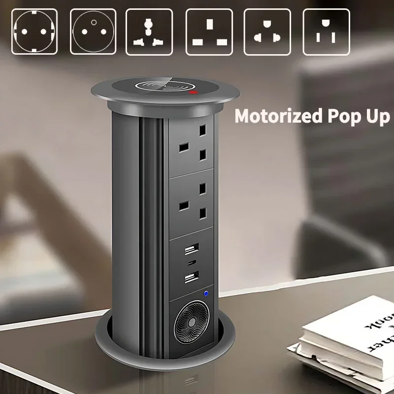 전기 팝업 데스크탑 소켓, EU FR UK US TL 범용 표준 플러그 어댑터, USB-C 무선 충전기, 자동 리프트 전원 플러그 