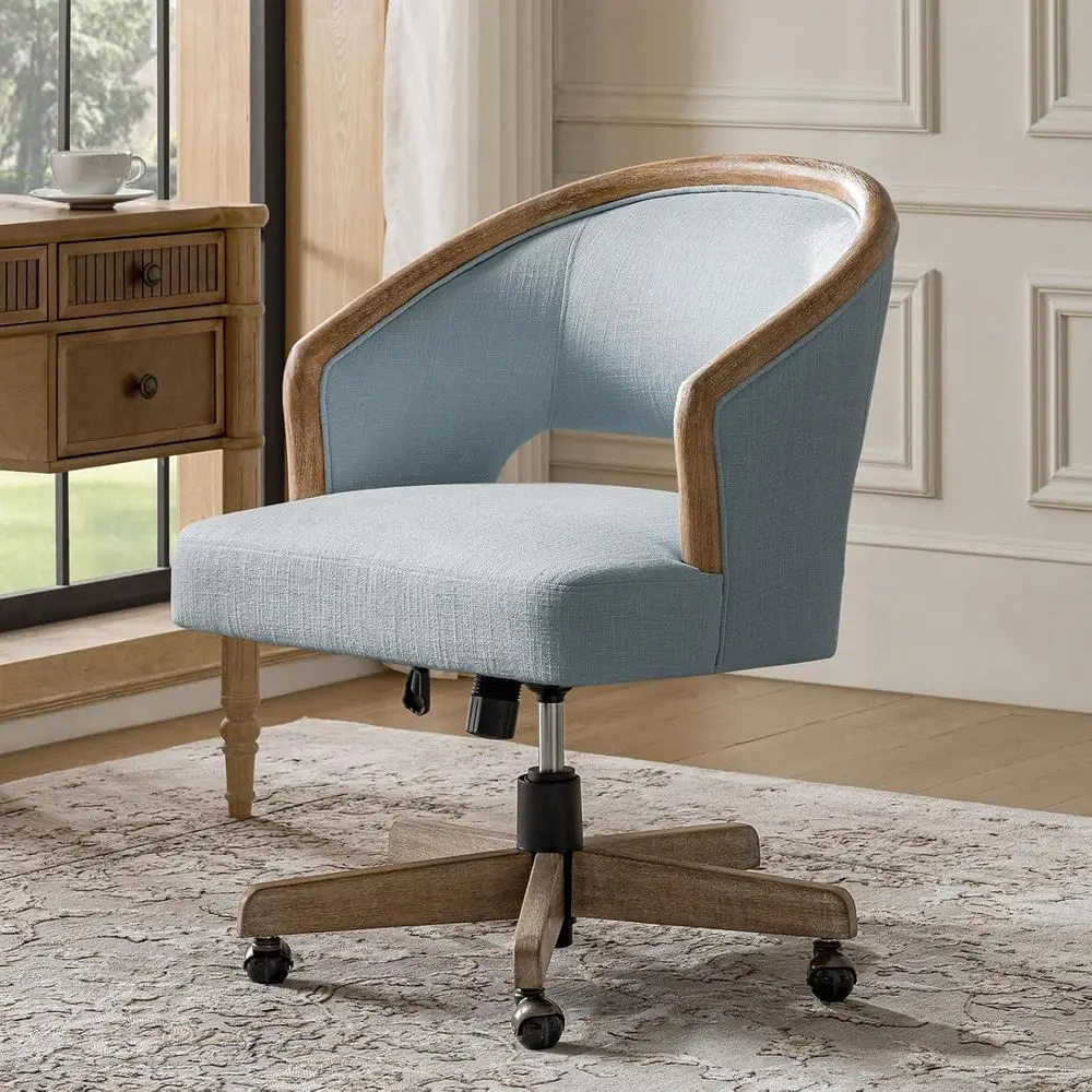 

Синий офисный стул с изогнутой спинкой, обивкой из дерева, регулируемым поворотом и мягким сиденьем