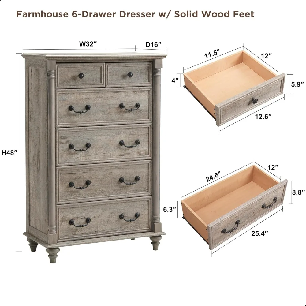 Farmhouse 6 Drawers Dresser Chests for Bedroom w/4 Solid Wood Feet & Column Decor, Tall Wood Country Rustic Chest of Drawers