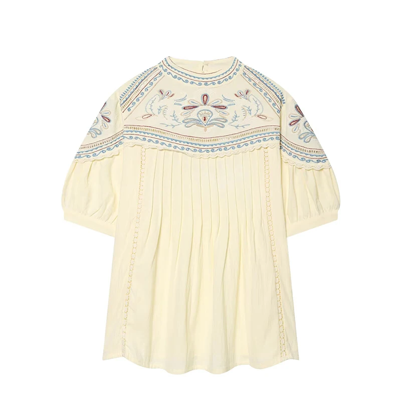Willshela Women Fashion Beige Embroidery Pleated Blouse Vintage O-Neck Short Sleeves Female Chic Lady T-Shirts
