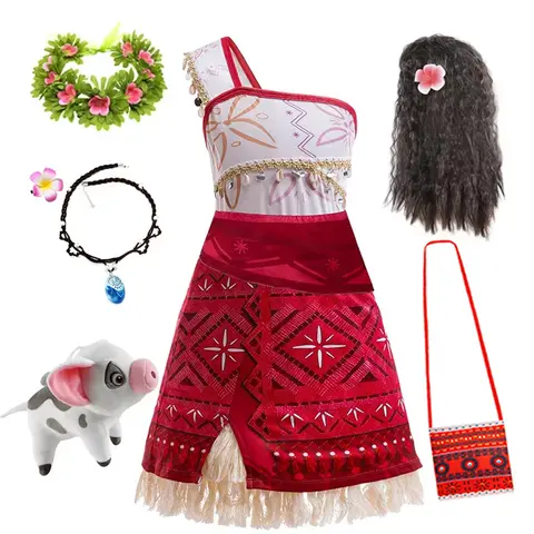 New Movie Moana 2 Dress for Girls Adventure Costume Girl Princess Fancy Clothes Children Vaiana Carnival Party Necklace Pig Set