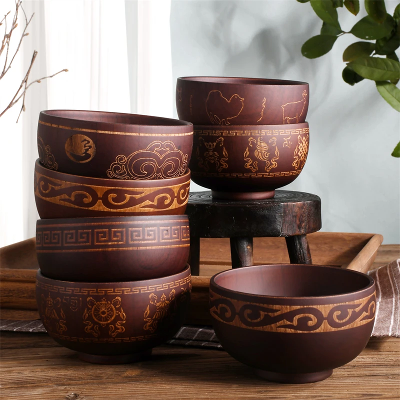 New creative Bowl Spoon tableware Set For Kitchen Item Utensils Wooden auspicious eight treasure pattern Dining Salad Home Dinne