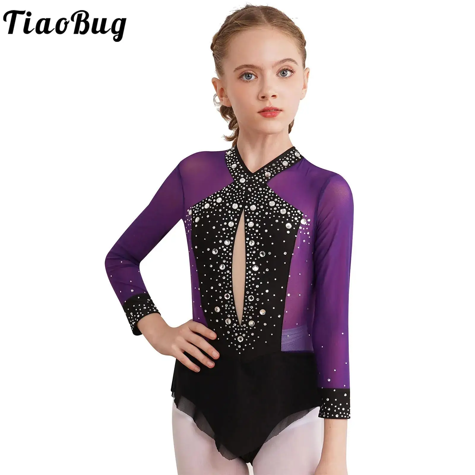 

Kids Girls Figure Skating Leotard Ballet Dance Rhythmic Gymnastics Performance Costume Sparkly Rhinestones Sheer Mesh Dancewear