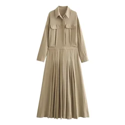 PB&ZA 2024 Spring New Women's Fashion and Elegance Commuter Versatile pleated shirt style long sleeved dress