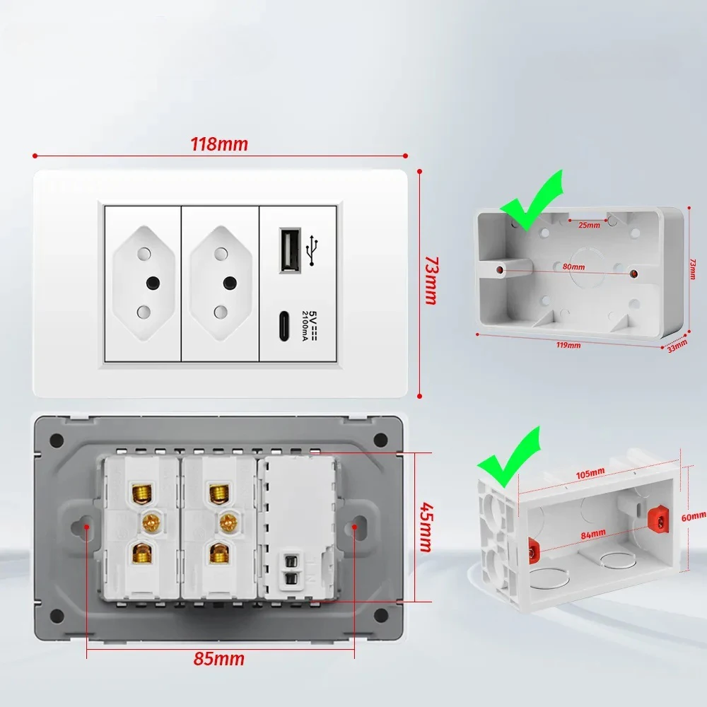 Shawader Brazil Plug Power Wall USB Socket Pressure Switch 20A Tomada Plastic Panel Position Jack Brazylijskie gniazdko Home Office