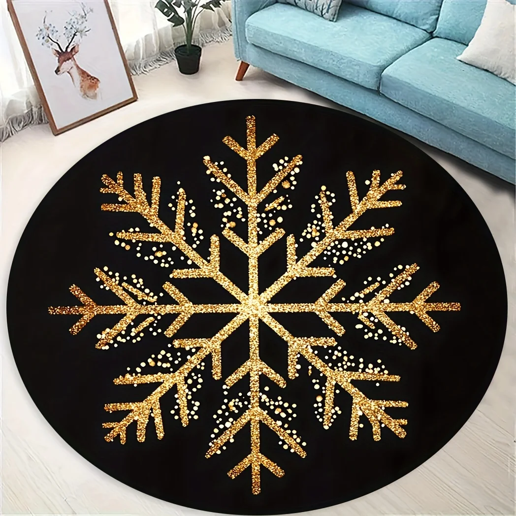[2D Flat]Carpet with a Christmas Theme, Featuring a Round Area Design with Golden Snowflakes.  Suitable for Home Decor in Living Rooms And Bedrooms.