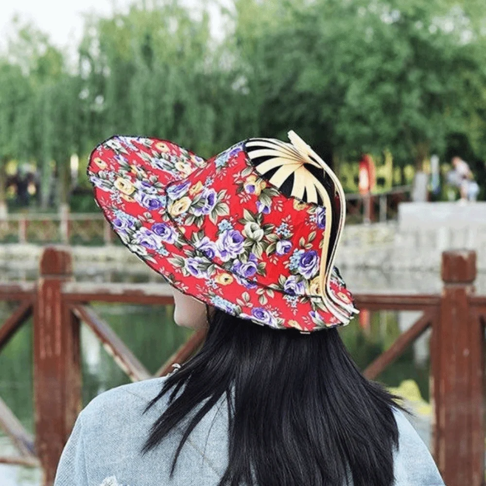 Wide Brim Folding Fan Hat Floral Printed Foldable Fan Sun Hats UV Protection Chinese Style Bamboo Sunscreen Cap for Travel