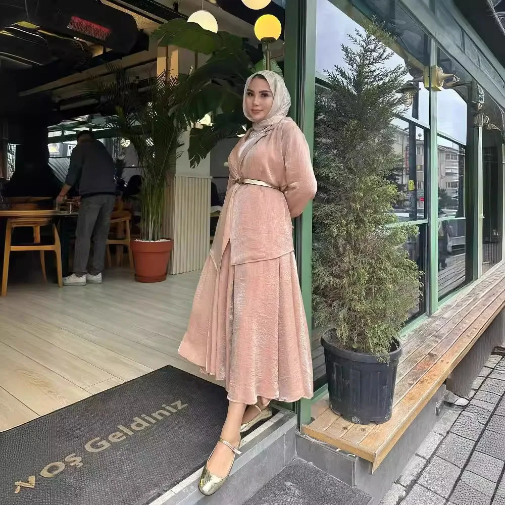 

Women's Muslim Suit 2024 New Solid Color Light Mature Style Suit Collar Bright Fabric Temperament Commute Elegant Swing Skirt