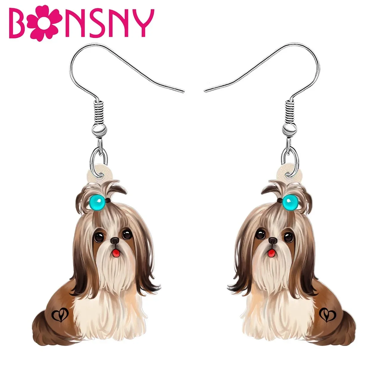 Bonsny Acrylic Plush Brown Shih Tzu Dog Earrings Drop Dangle Charms Puppy Jewelry Pets Gifts For Women Girls Friends