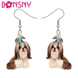 Bonsny Acrylic Plush Brown Shih Tzu Dog Earrings Drop Dangle Charms Puppy Jewelry Pets Gifts For Women Girls Friends