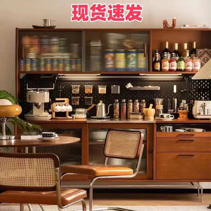 solid wood dining side cabinet retro hole board storage locker household kitchen integrated wall wine  tea cabinet