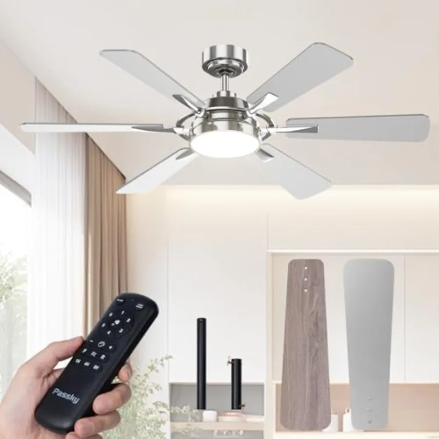 

Ceiling fan with light for bedroom and living room, nickel finish, 52 inch, reversible quiet operation, dimmable 3CCT LED, remo