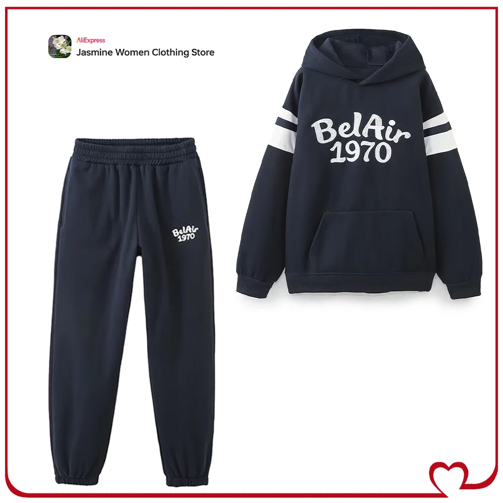 

Casual Women Preppy Style Matching Sets Autumn Navy Sports Pant Sets Contrast Embroidered Hooded Sweatshirt + Tonal Jogger Pants