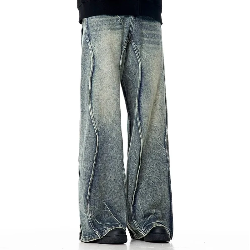 Arc Line Lightning Baggy Jeans Man Pants Y2k Return Heavy Washed Denim Trousers 2025 Punk Goth Hip Hop High Street Jeans For Man