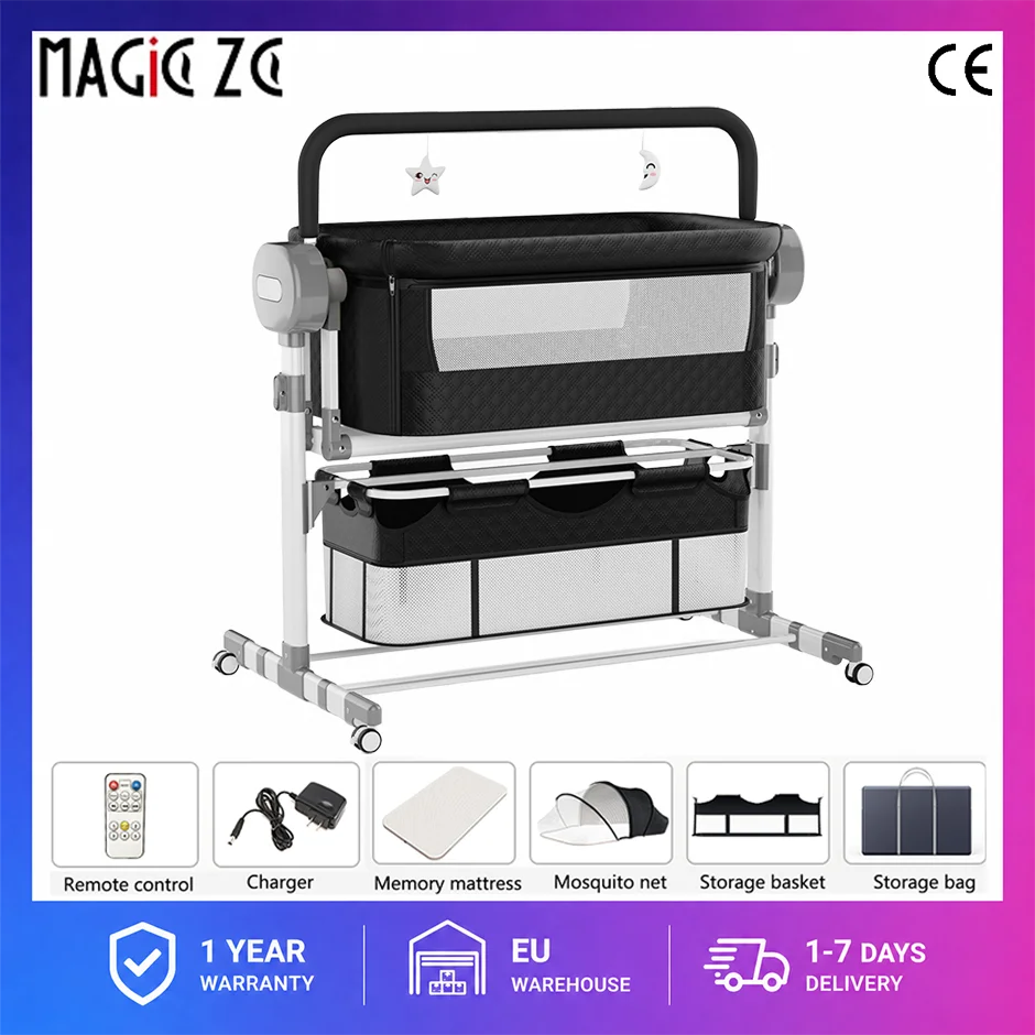 Cuna portátil para bebé con mosquitera semicubierta, cuna eléctrica con control remoto para recién nacidos, cuna de viaje móvil con ruedas antideslizantes bloqueables, incluye colchón y cargador