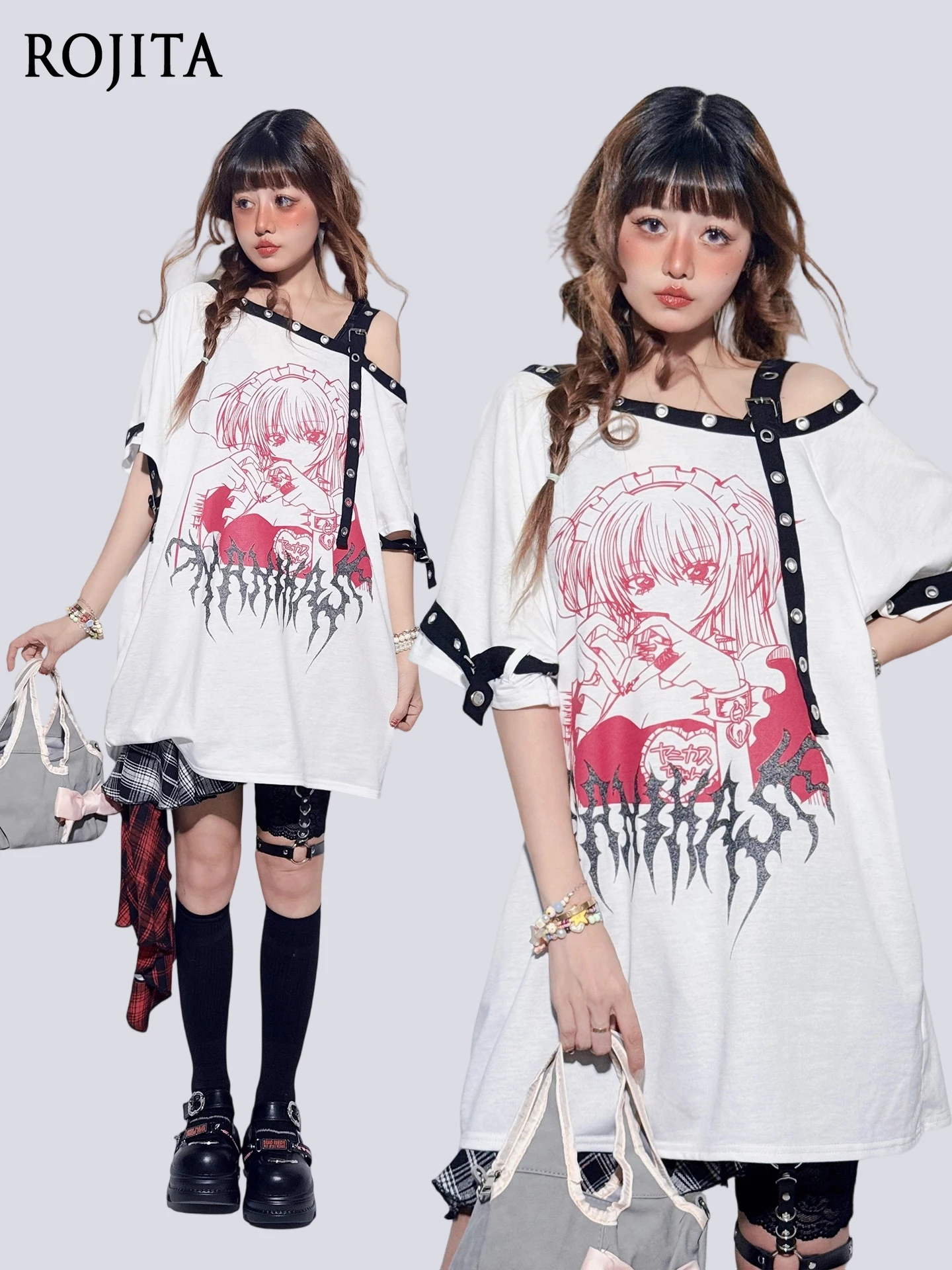 

Japanese Retro Graffiti Top Spice Girl Off-shoulder Short-sleeved T-shirt Women's Summer Top Blouse Sweet Cool Cotton Loose Tee
