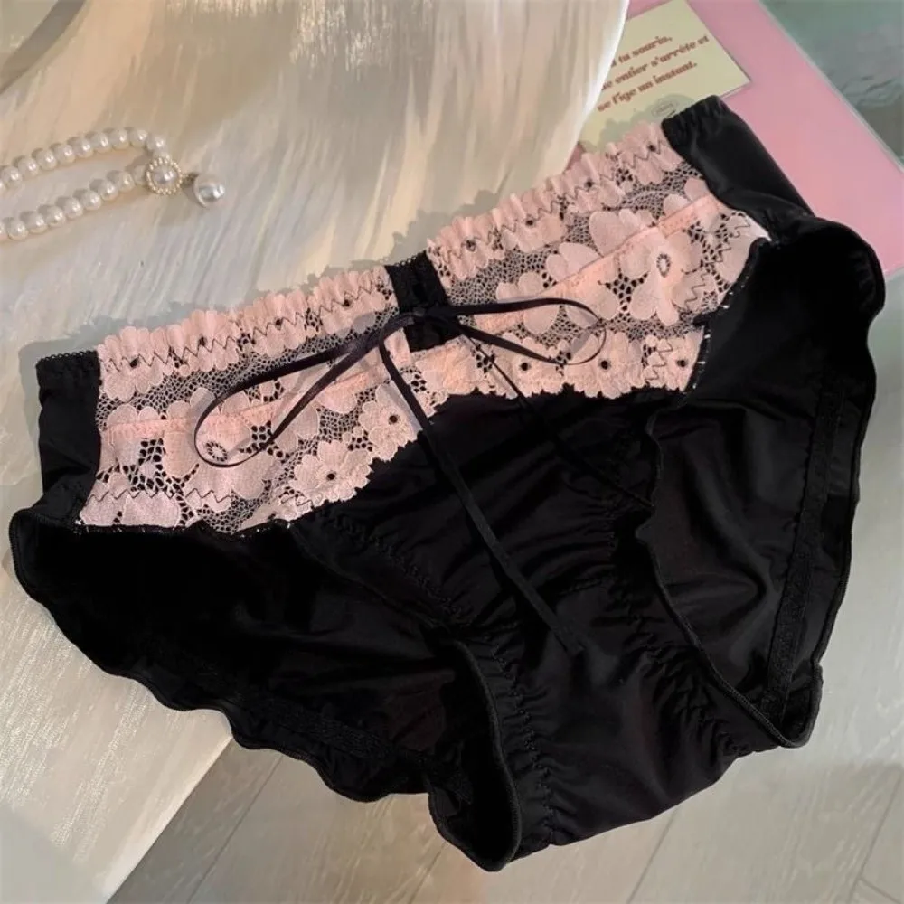 

Breathable Low Waist Mesh Lace Panties Ruffle Sweet Underwear for Women French Style Lingerie Lace Bow Briefs Girl