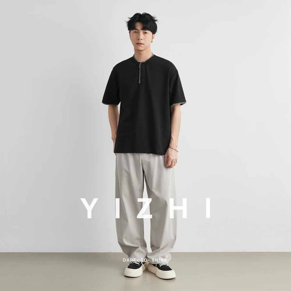 Men's Stitch Detail Henley Neck Waffle T-Shirt 2026 Summer Loose Drop Shoulder Casual Commute Versatile Short Sleeve Top
