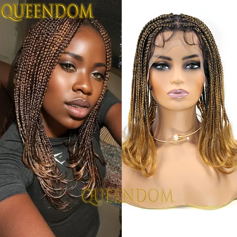 12 ''Synthetische Micro Cornrow Vlecht Pruik Ombre Blonde Full Lace Box Gevlochten Pruik Knooploze Dreadlock Franse Krul Pruik Voor Zwarte Vrouwen