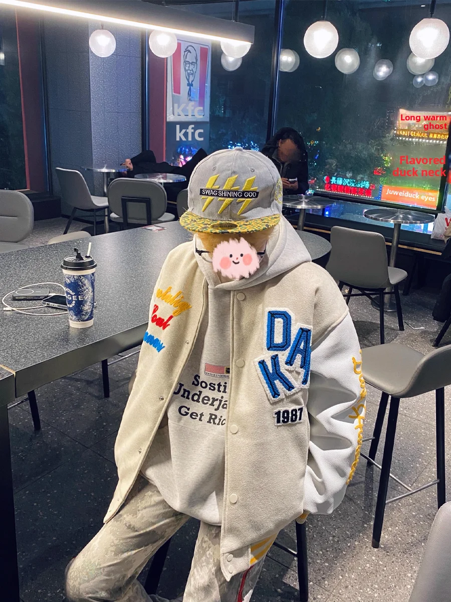 

Retro American Contrast Color Embroidery Baseball Jaet Men's Autumn Winter Cotton Lined Loose Oversize Versatile Outerwear