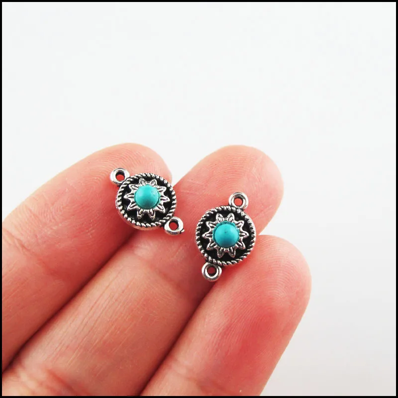 Fashion New Turquoise Stone Connectors Charms Flower Oval Round Tibetan Silver Plated Pendants Retro view 4
