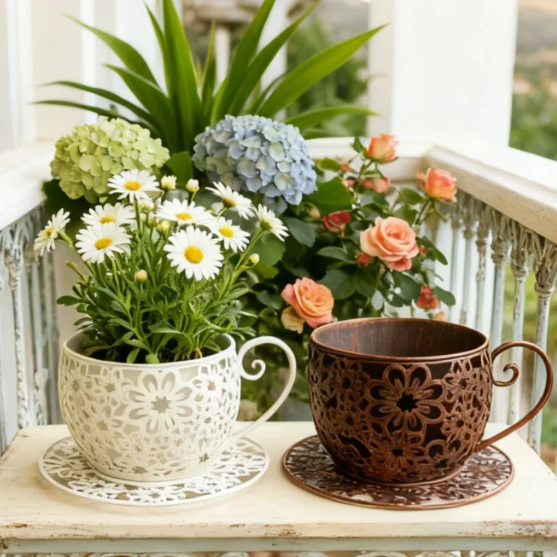 HYS wrought iron flower hollow teacup basin succulent basin decorative outer basin coffee cup shape