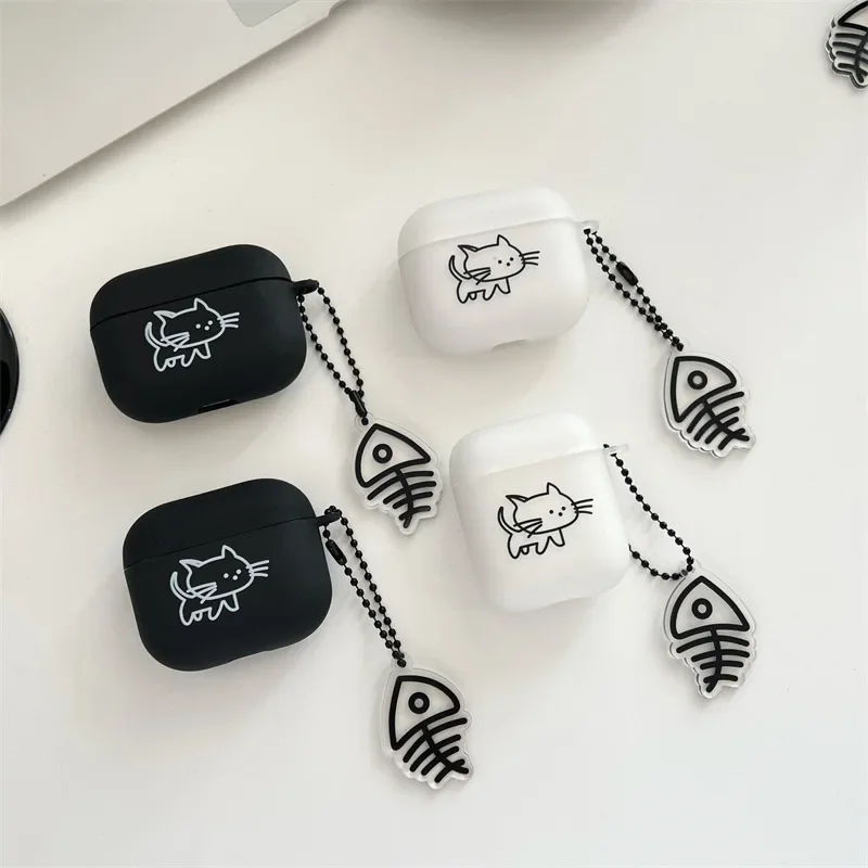 Fish Bones Cute Cat Case for AirPods 4 Airpod 1 2 3 Pro Pro2 Bluetooth Earbuds Charging Box Protective Earphone Case Cover