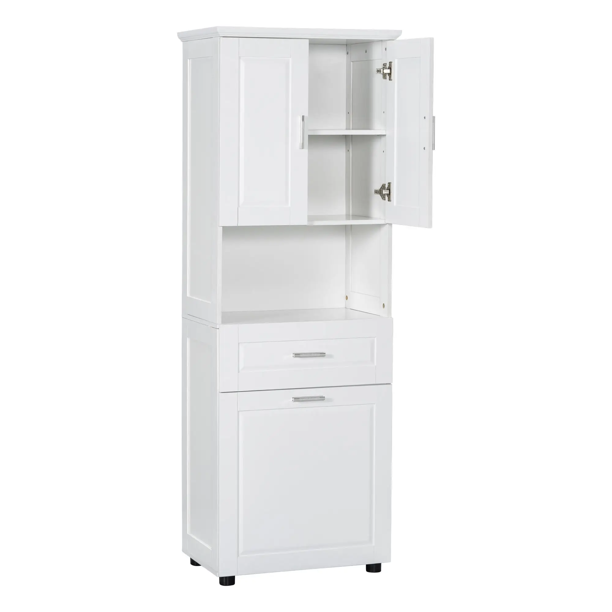 White Tall Bathroom Cabinet with Tilt-Out Laundry Hamper & Ample Storage Space – Stylish Organizer for Bathrooms