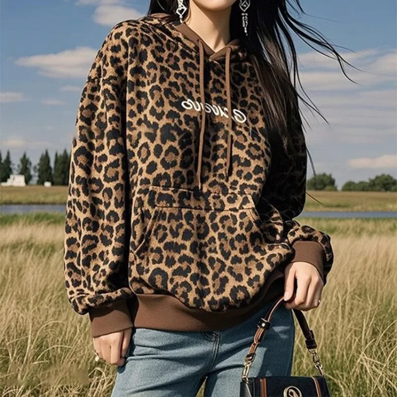 

New Leopard Printing Women Hooded Sweatshirt High Street Oversized letter Female Hoodie Pocket Unisex Pullover Hip Hop Hoodies