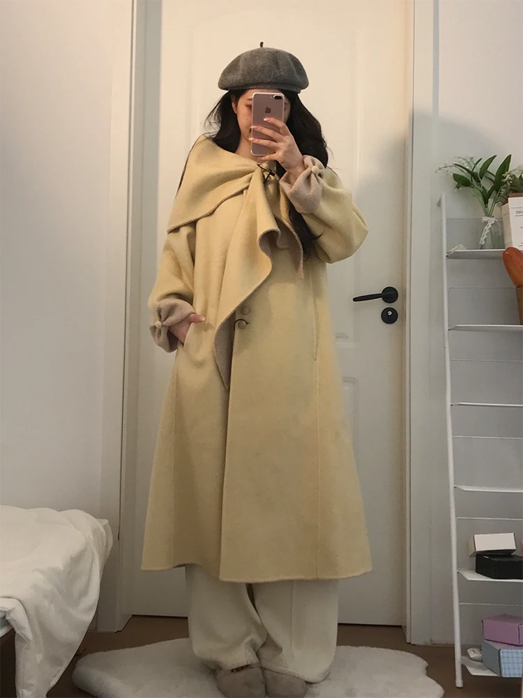 

Корейское шерстяное пальто, женское зимнее модное пальто средней длины с капюшоном Ne с запахом, повседневное теплое длинное волокно из полиэстера