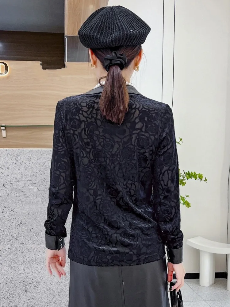 Mode Frauen Herbst Schwarz Neue Stil Samt Hemd Langarm V-ausschnitt Einreiher Arbeit Dame Casual Chic Weiche Tops Heißer Verkauf