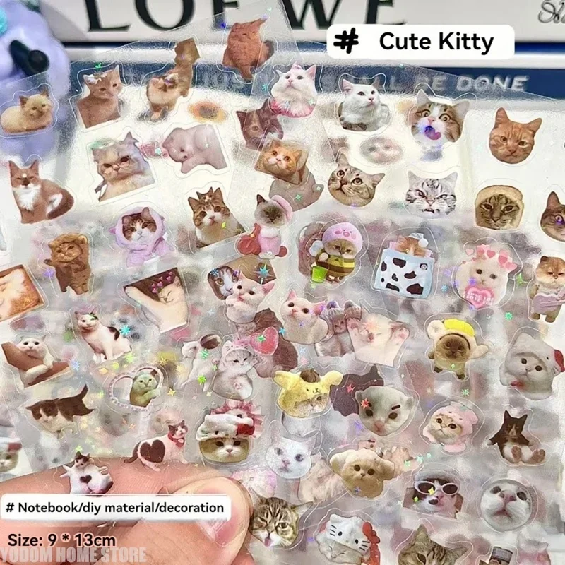 10 Sheets Semi‑transparent Laser Cute Real Cat Stickers for Craft Supplies Scrapbooking Material Bottle Phone