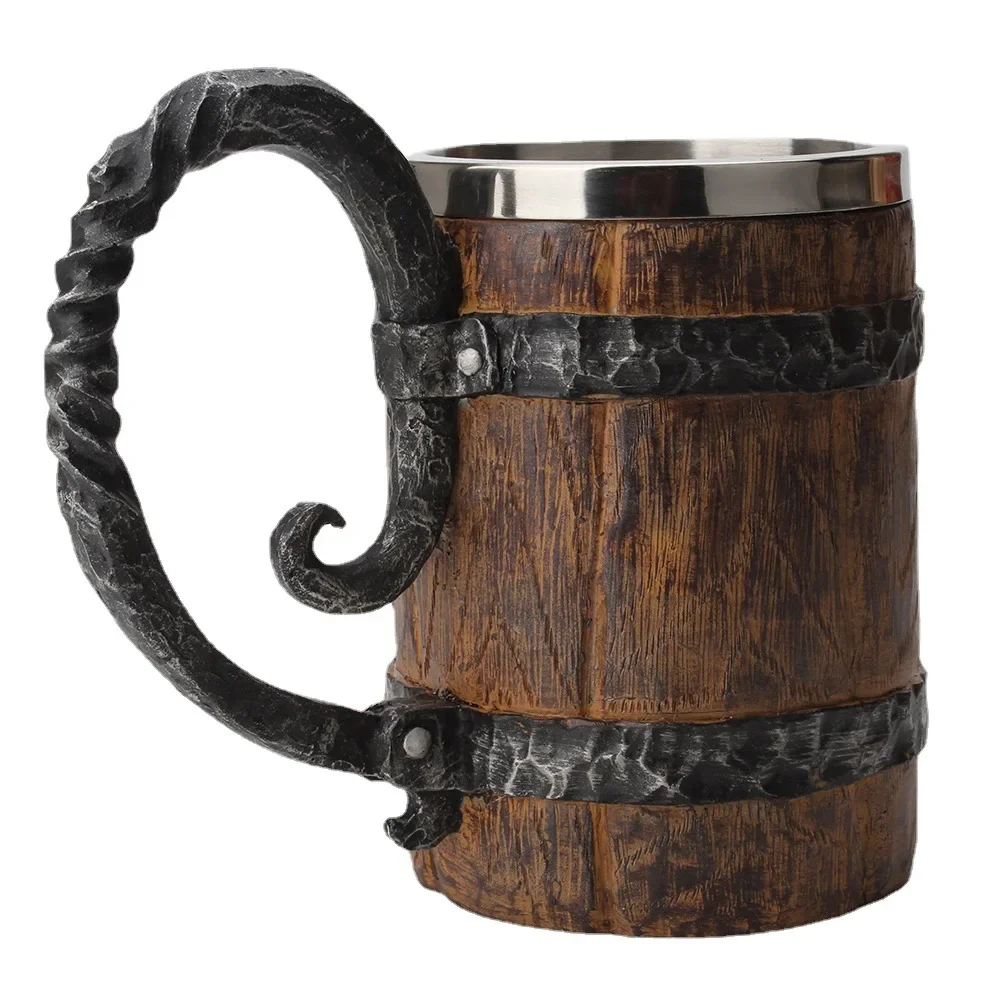 

Imitation wooden barrel double-walled beer mug creative personality office resin stainless steel liner drinking mug