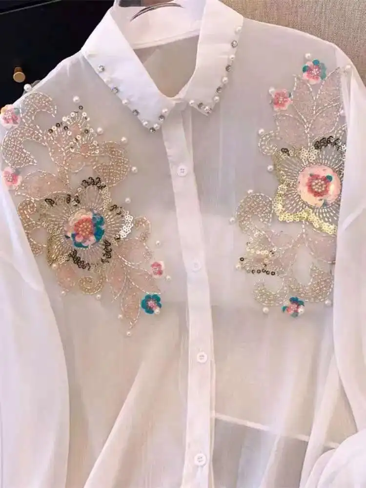 

Heavy Industry Sequins Wers Embroidery Sun Protection Shirt Cardigan Women's Beads Dia-Embedded Blouse Loose Top