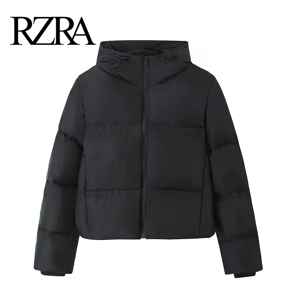 RZRA2024 new winter women's black commuter all-match hooded thickened cotton jacket coat windproof and warm