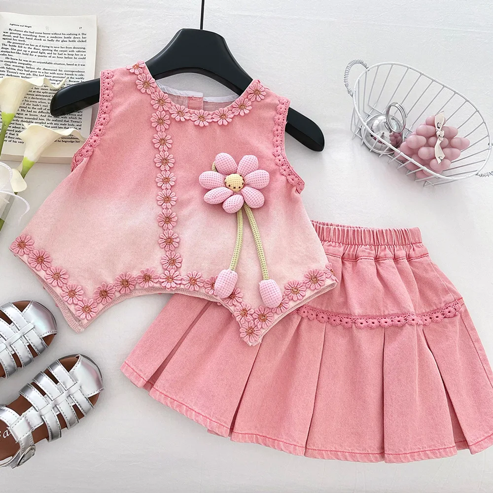 

Новинка 2026: Модный летний комплект из мягкого денима для девочек, 2 предмета: топ без рукавов + юбка, для детей и малышей