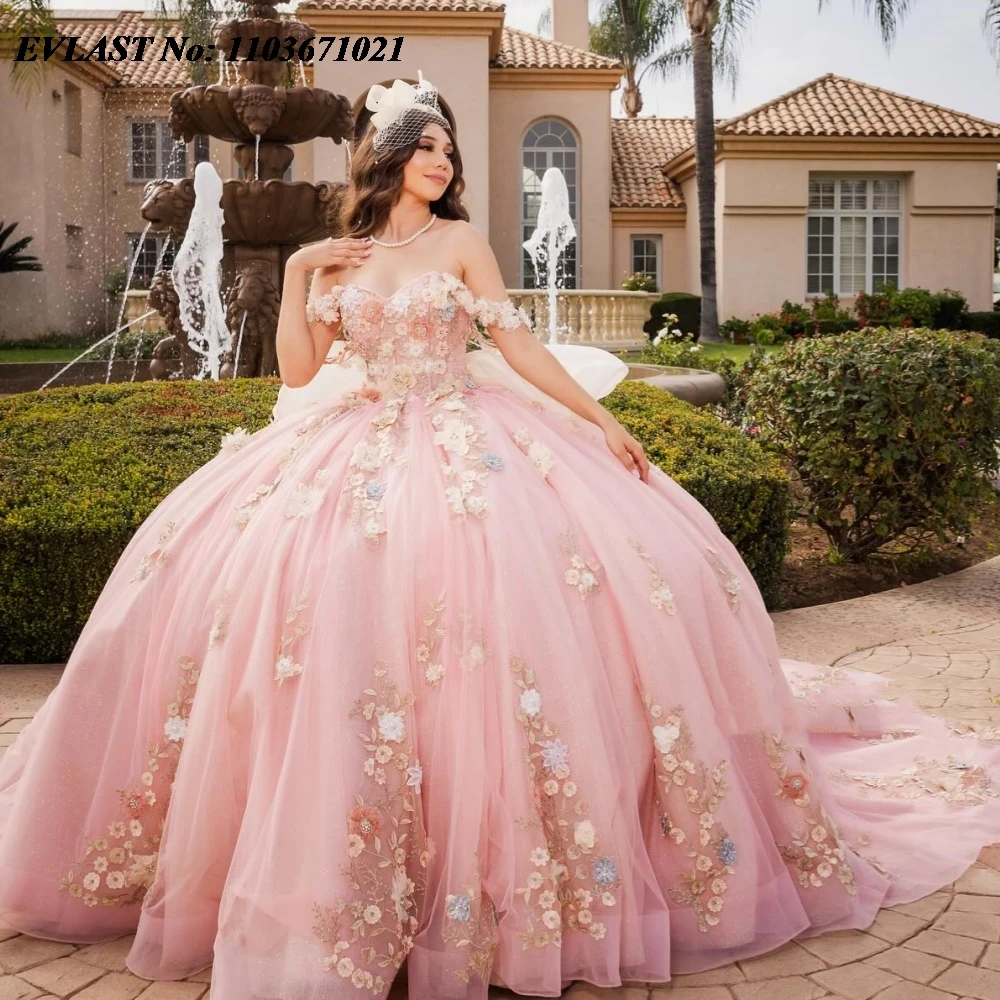 EVLAST, мексиканское розовое платье Quinnceanera, бальное платье, красочные 3D цветы, аппликация, вышитые бисером, милое 16 Vestidos De 15 лет SQ442