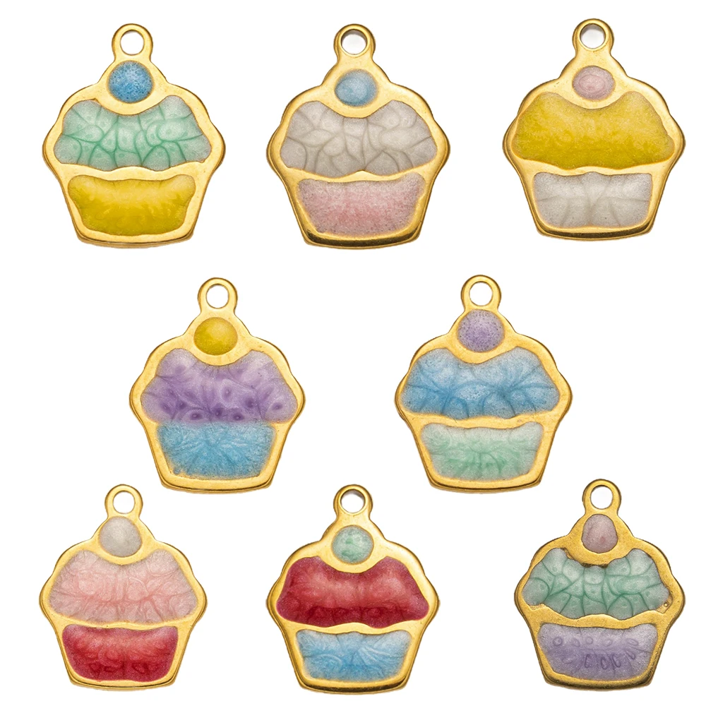 10pcs Stainless Steel Gold-Plated Enamel Cake Charms for DIY Necklace Metal Bracelet Earring Jewelry Making and Crafting Bulk