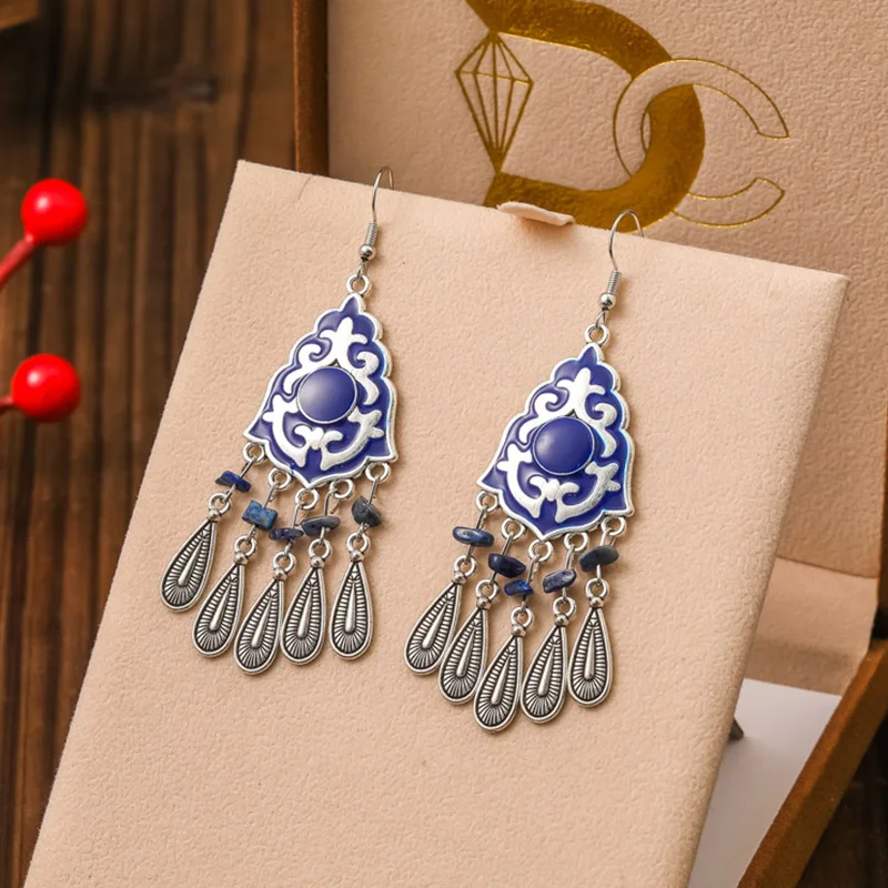 New Ethnic Irregular Natural Stone Metal Water Drop Earrings for Women Vintage Drop Oil Pattern Silver Color Earring Jewelry