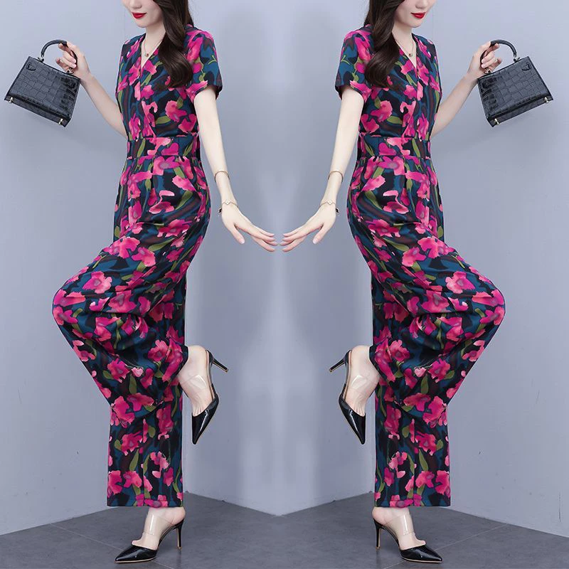 Faionable Floral Print Breite Bein Overall Set frauen Sommer Dünne Sle Abnehmen Hosenanzug Hohe Taille Koreanische Sle