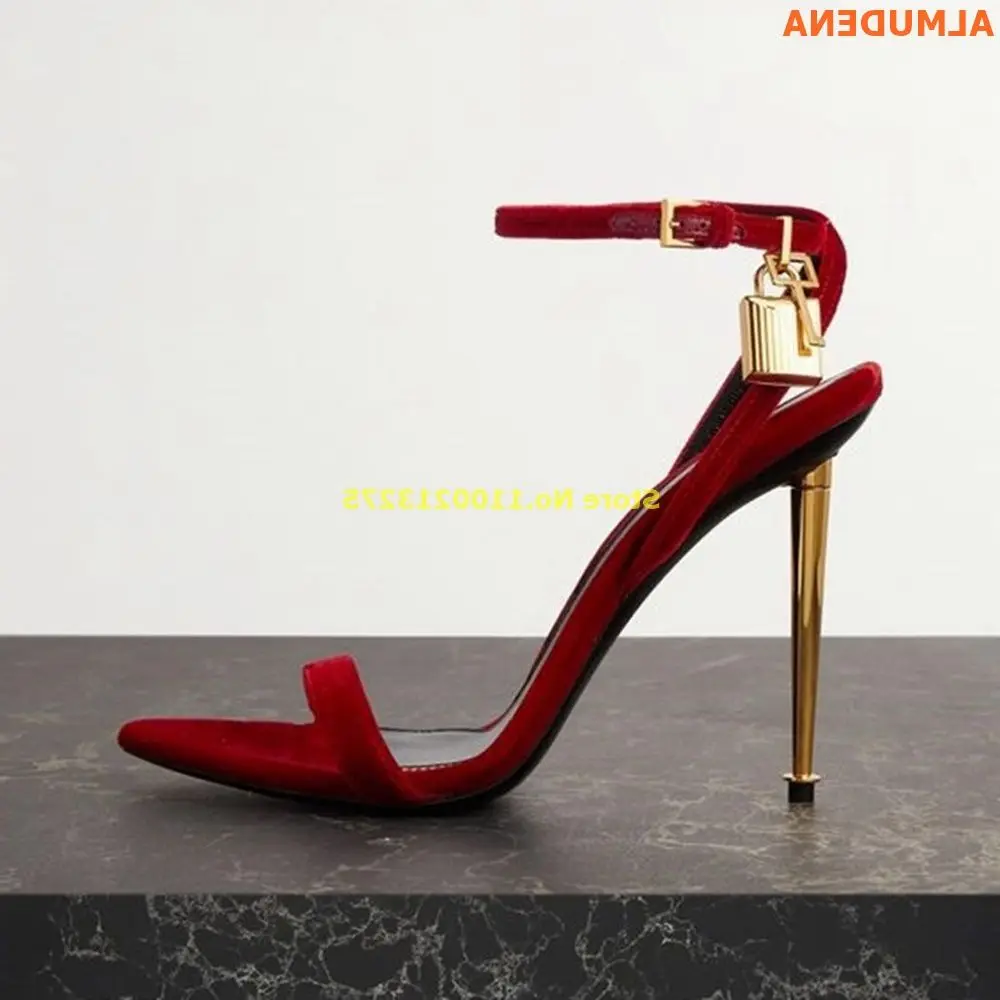 

Red Suede Metal Lock Sandals Stiletto Thin High Heel Round Toe Fashion Women Shoes Ankle Strap Solid Flock Summer Concise Shoes