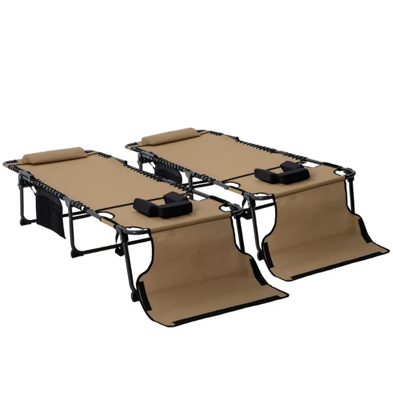 2-Piece Beige Folding Chaise Lounge with 5-Level Reclining Back Reading Hole Side Pocket-for Beach Use