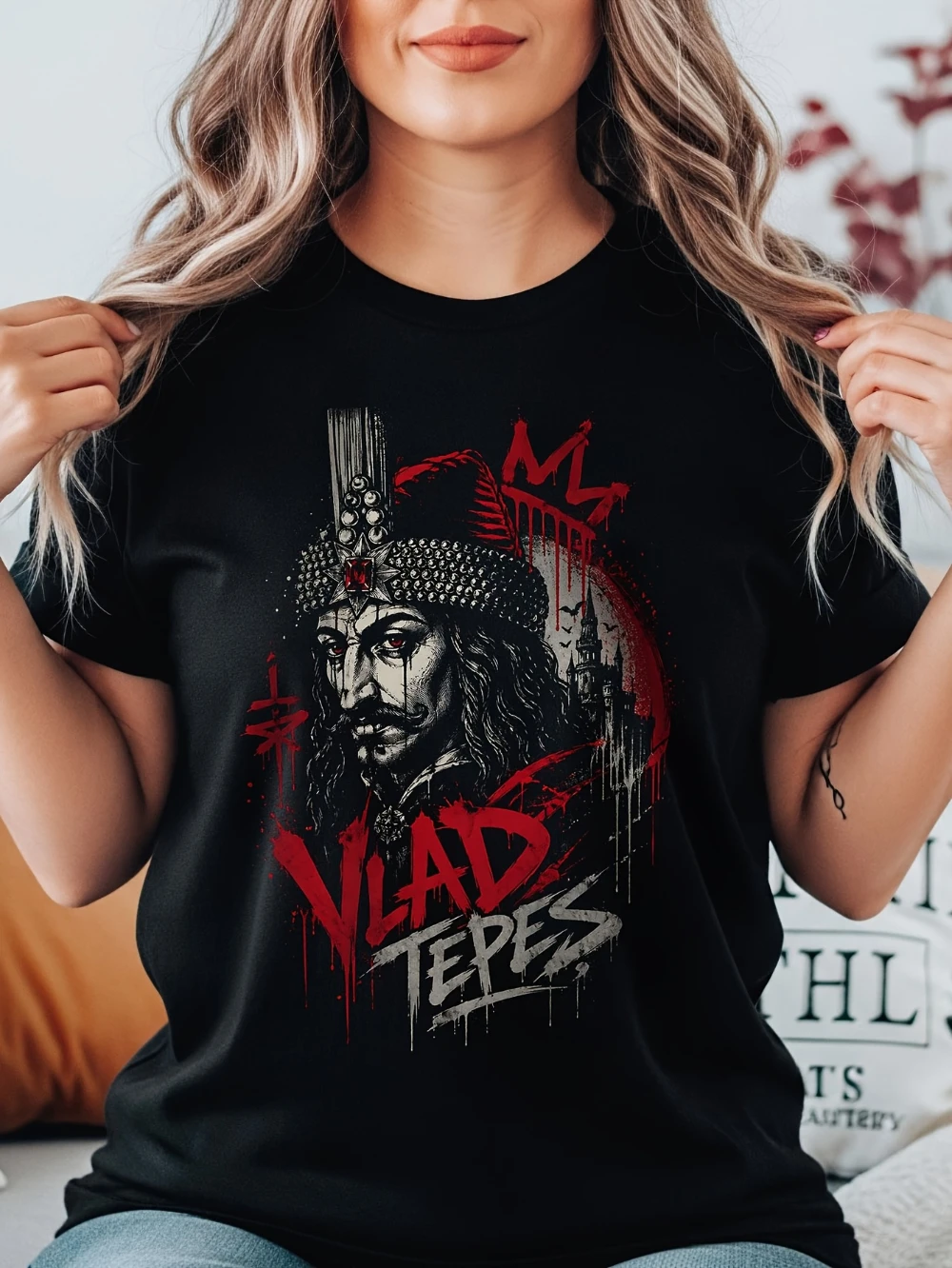 Vlad Tepes Impaler Print T Shirt Medieval Horror Style Suitable for Goth Horror Fans Ideal for Spooky Outings Casual Hangouts