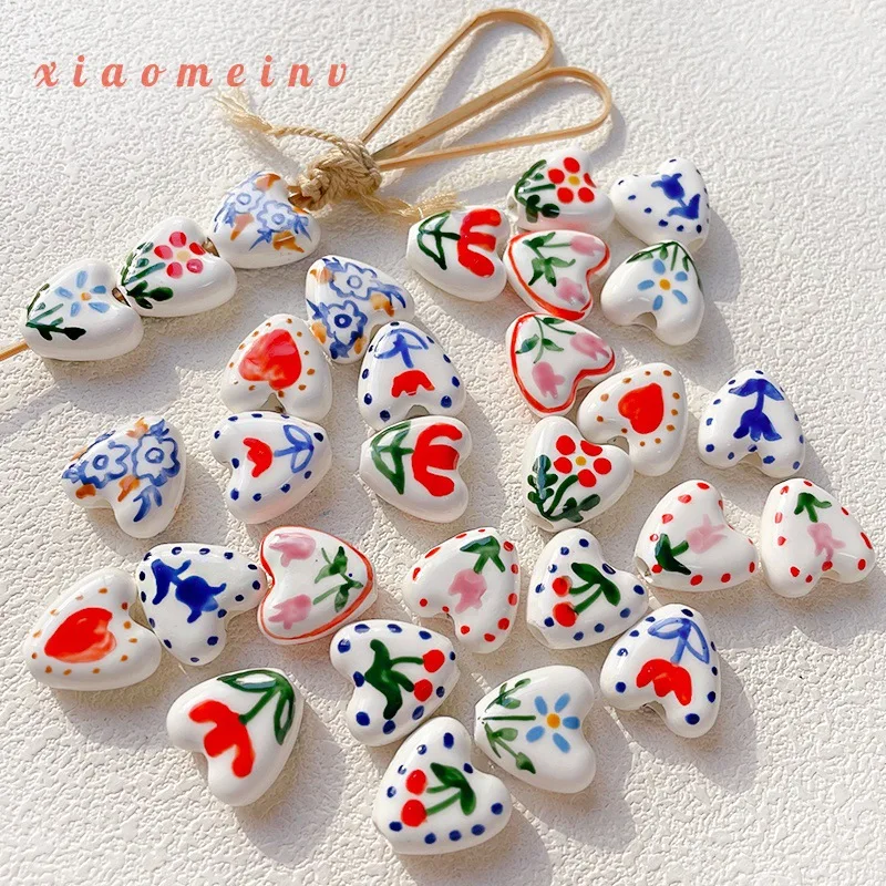 5Pcs Hand Drawn Heart-shaped Flower Tulip Ceramic Beads For Jewelry Making Interval Beads Necklace Bracelet Craft DIY Supplies