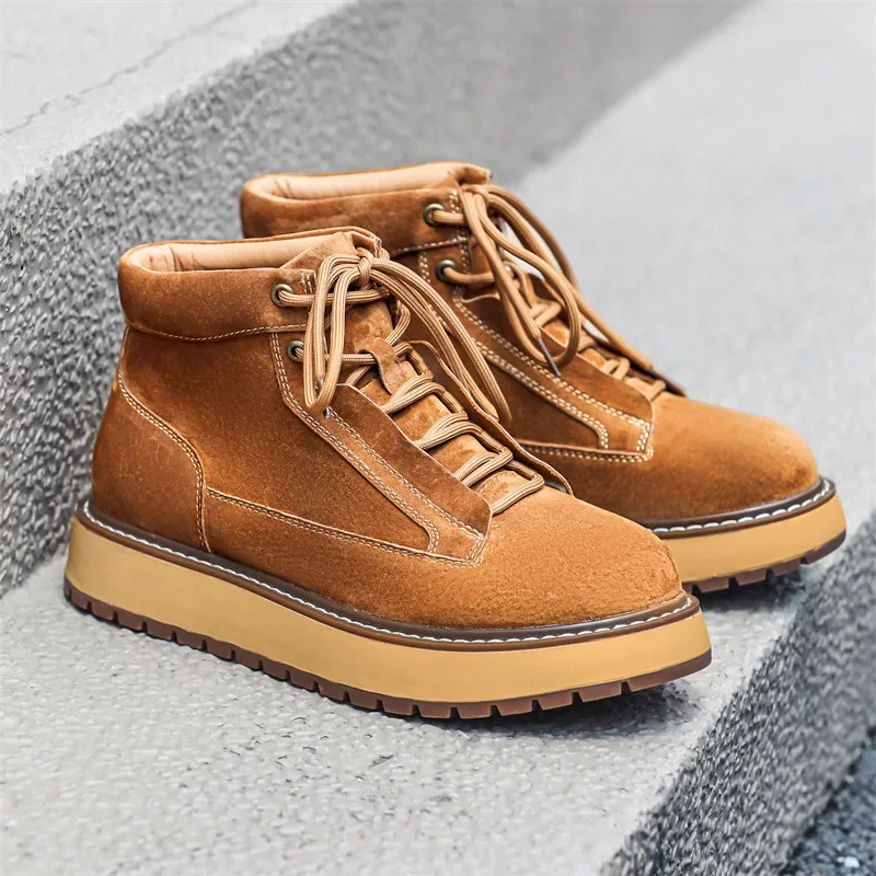 New Autumn Winter Handmade Cow Suede Leather Shoe Men Outdoor Tooling Ankle Boots Height Increase Dress Platform Boot Motorcycle